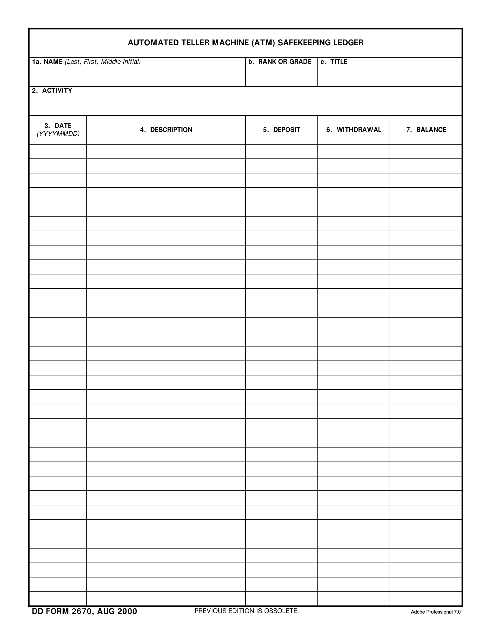 DD Form 2670. Automated Teller Machine (ATM) Safekeeping Ledger Forms