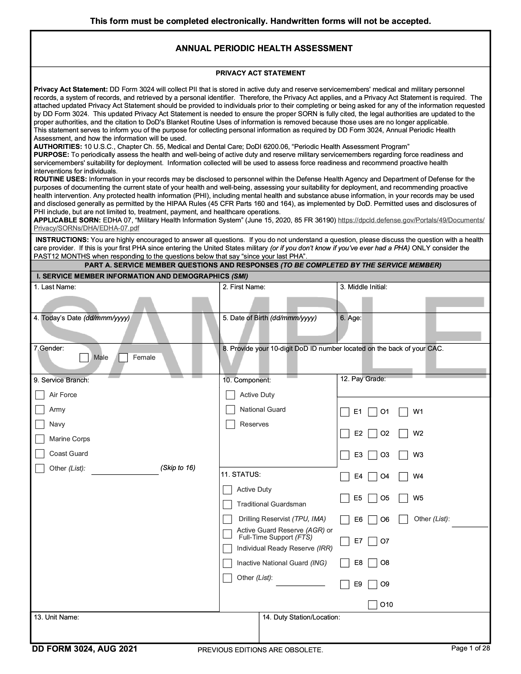 DD Form 3024. Annual Periodic Health Assessment Forms Docs 2023
