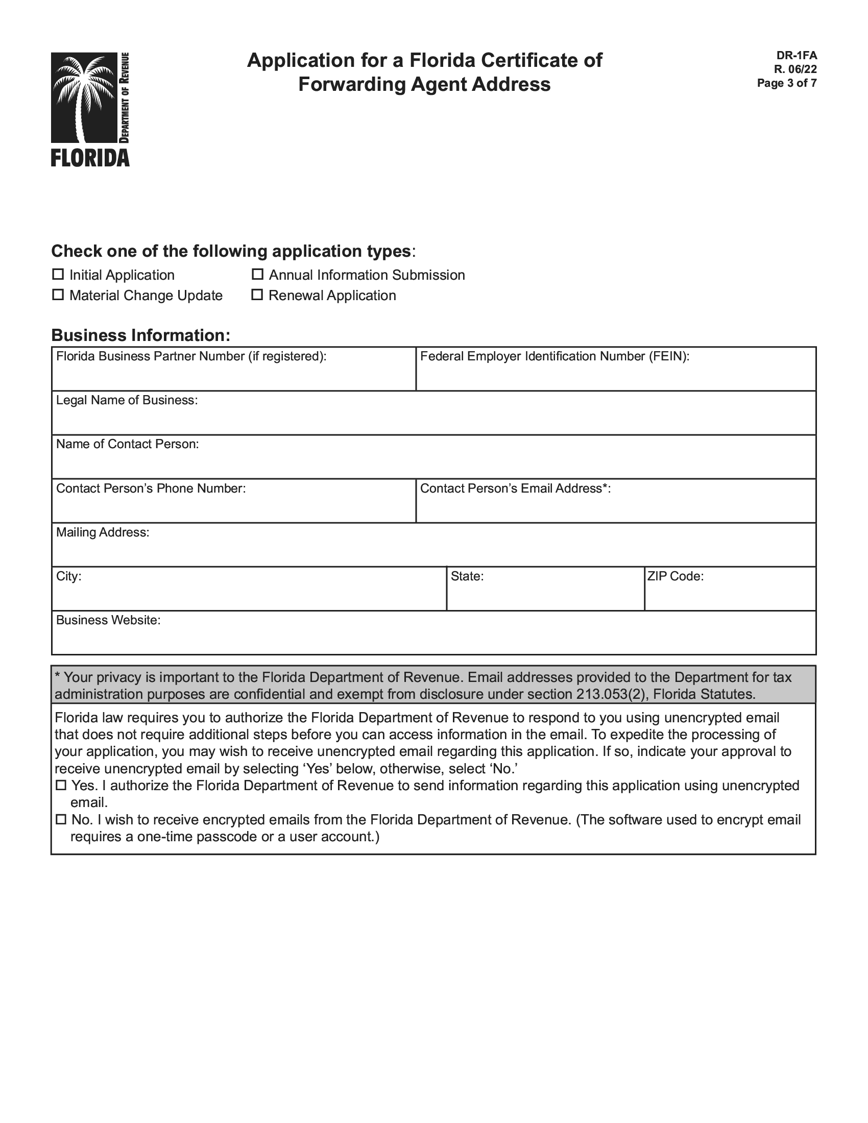 Form DR1FA. Application for a Florida Certificate of Forwarding Agent