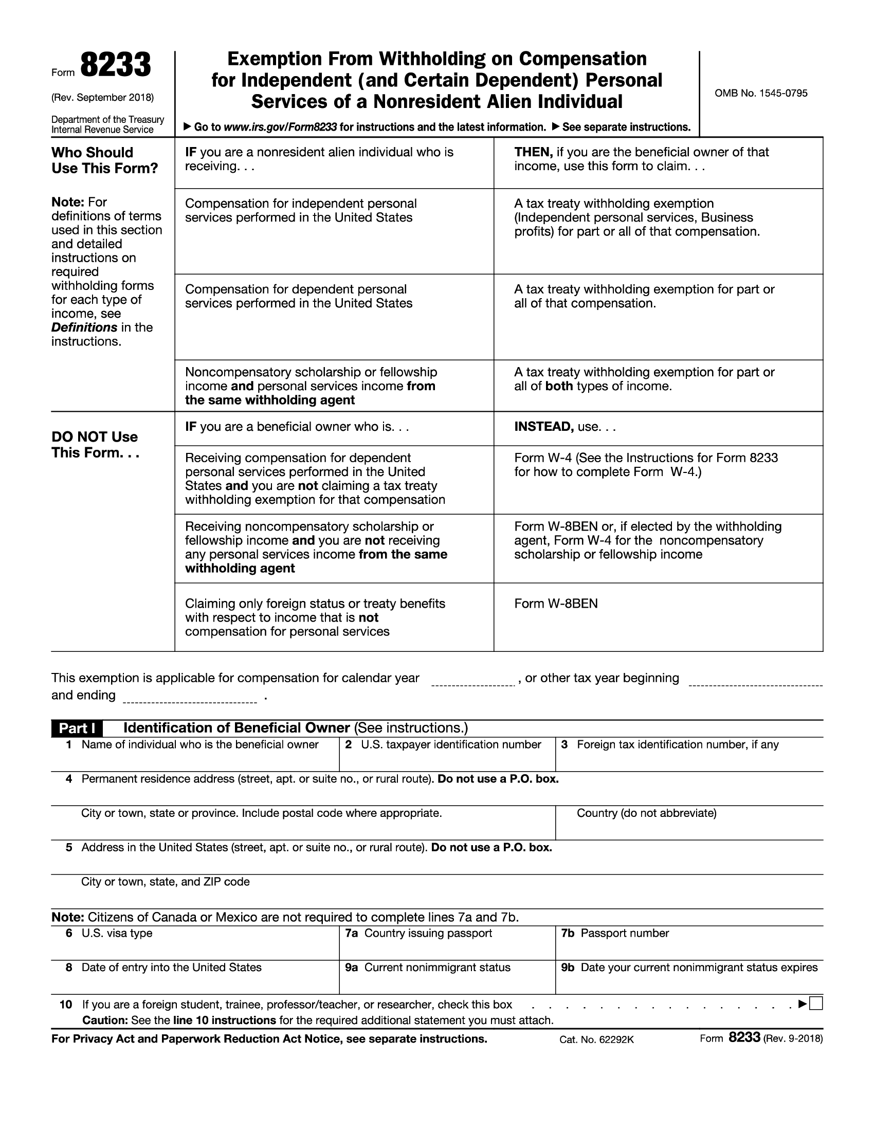 IRS Form 8233. Exemption From Withholding on Compensation for