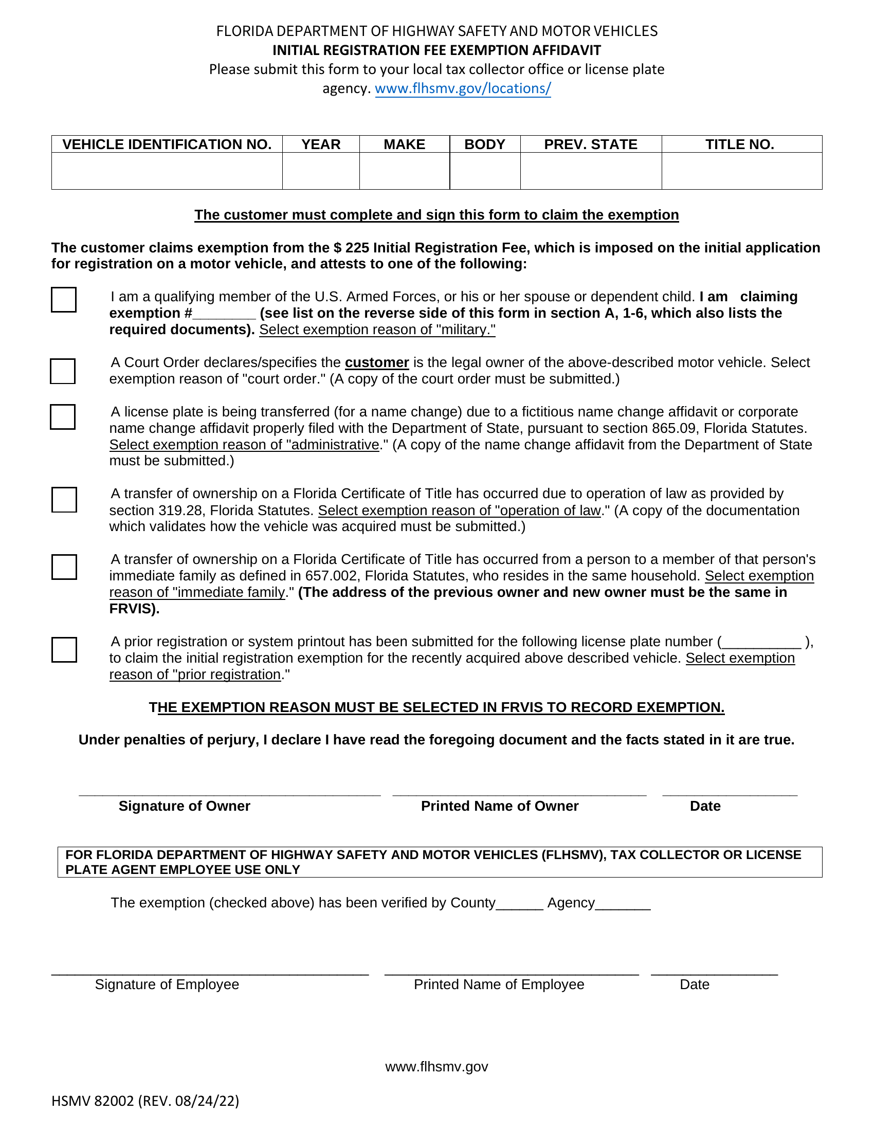 Form HSMV 82002. Initial Registration Fee Exemption Affidavit Florida