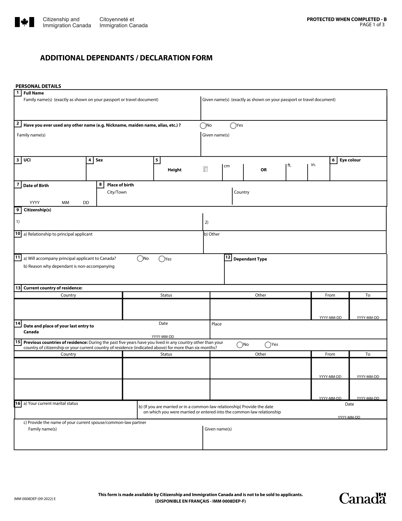 Form IMM 0008DEP. Additional Dependants/Declaration Form Forms Docs