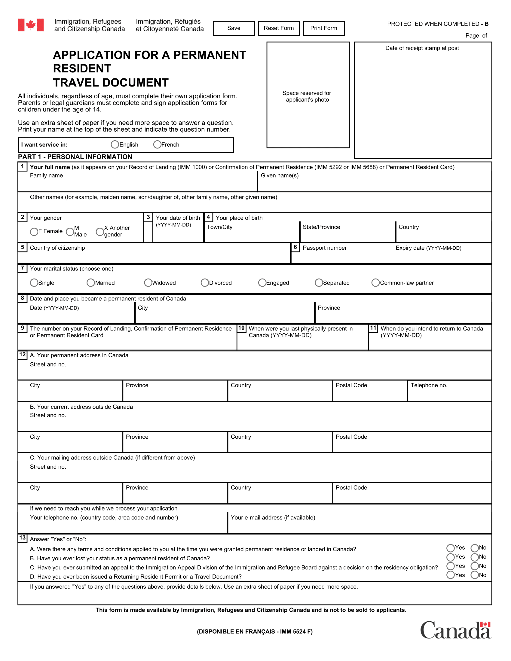 Form IMM 5524. Application for a permanent resident travel document