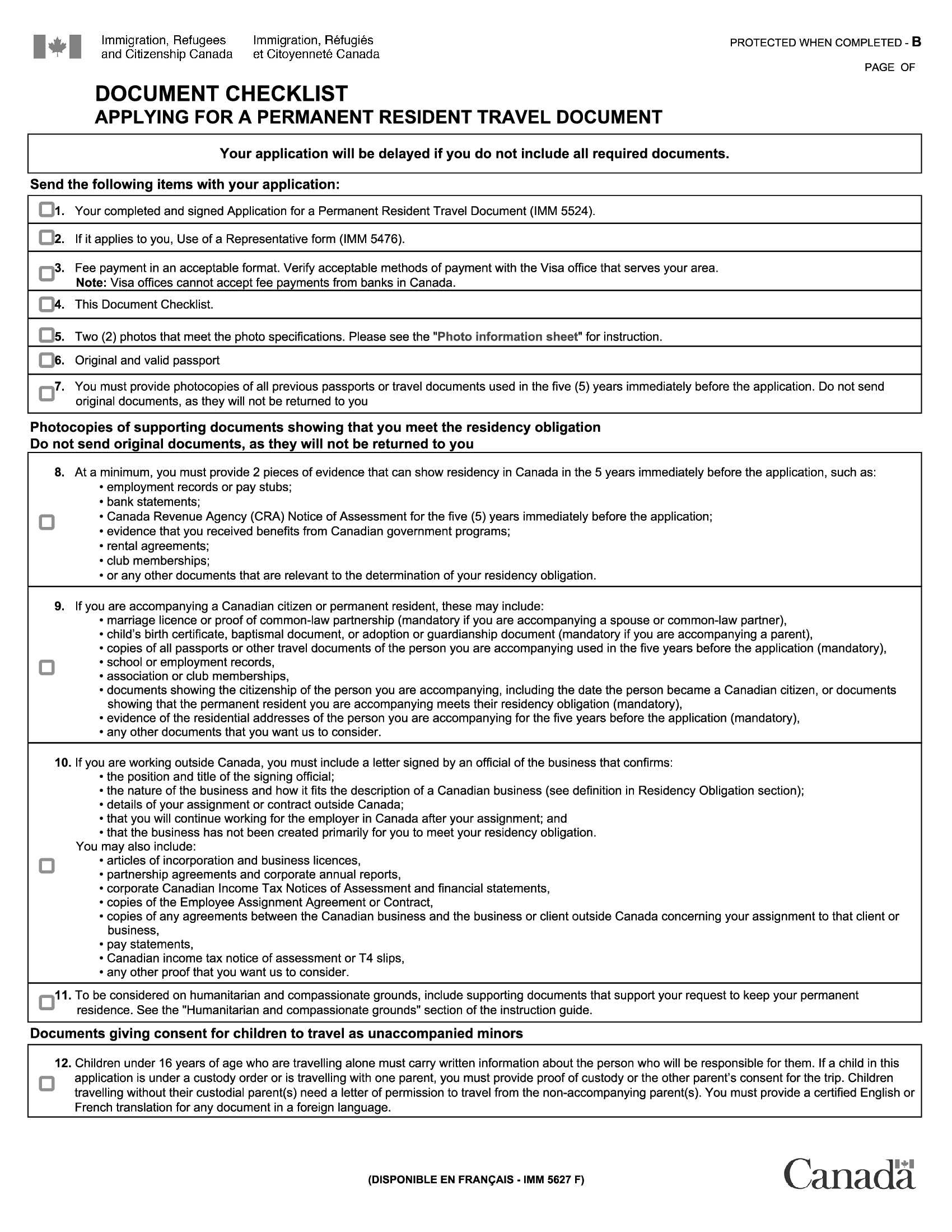 Form IMM 5627. Document Checklist Applying for a Permanent Resident