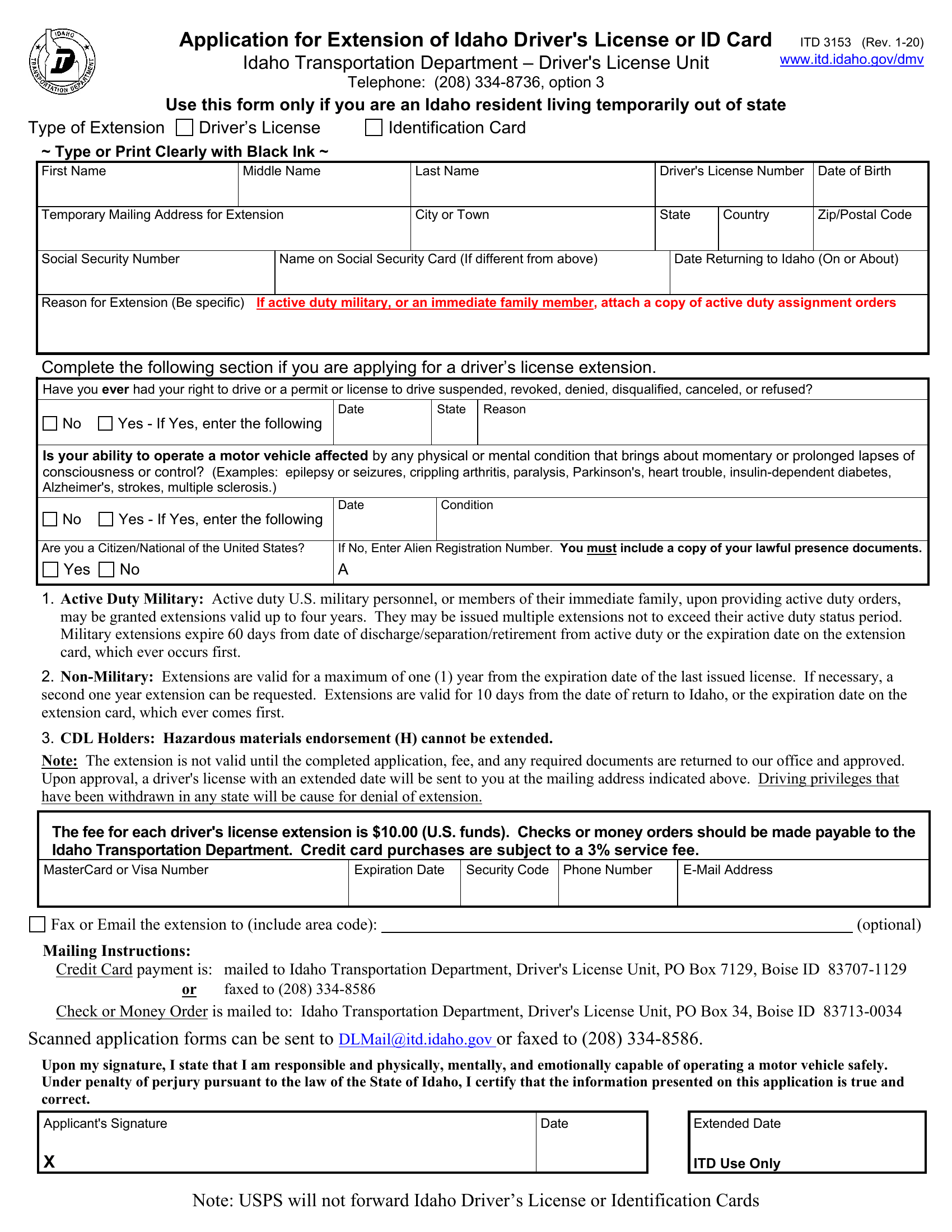 Form ITD 3153. Idaho Driver's License Extension application Forms