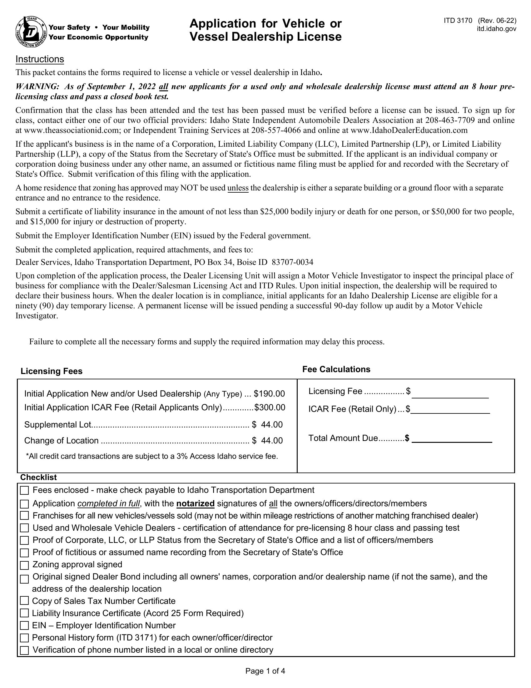 Form ITD 3170. Application for Dealer License Forms Docs 2023