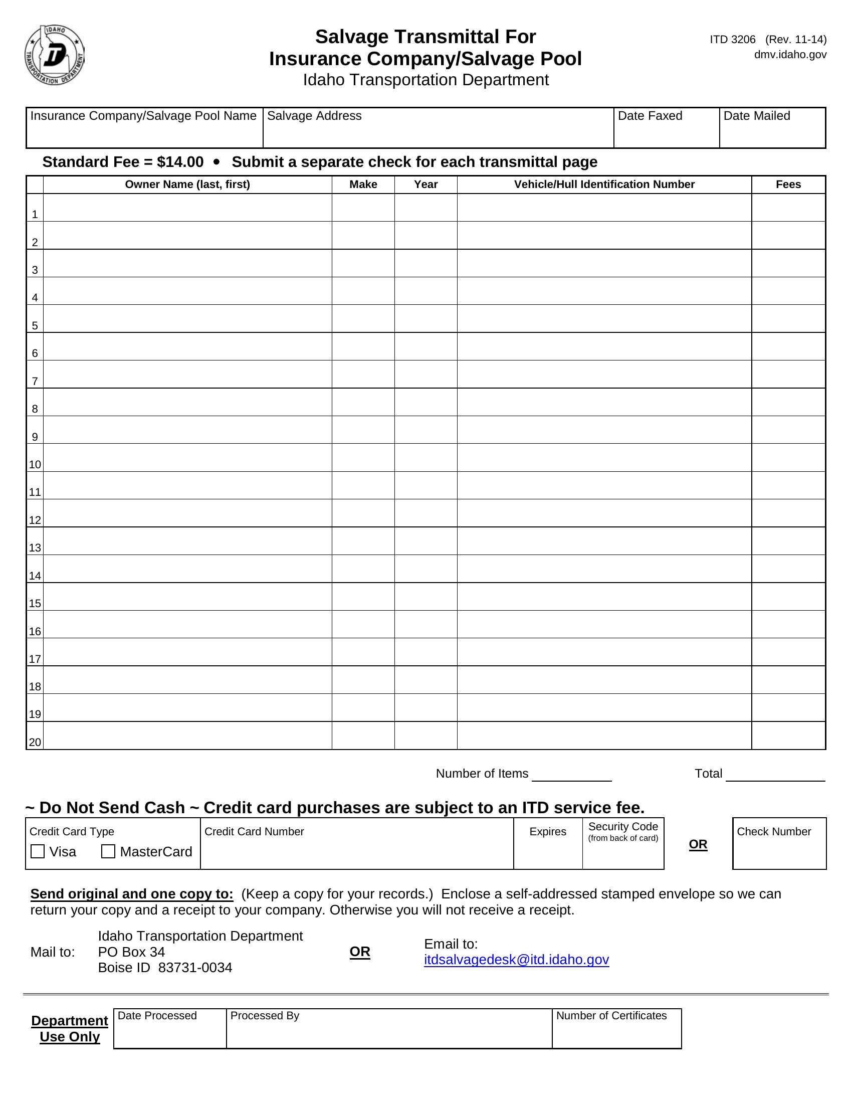 Form ITD 3206. Salvage Transmittal For Insurance Company/Salvage Pool