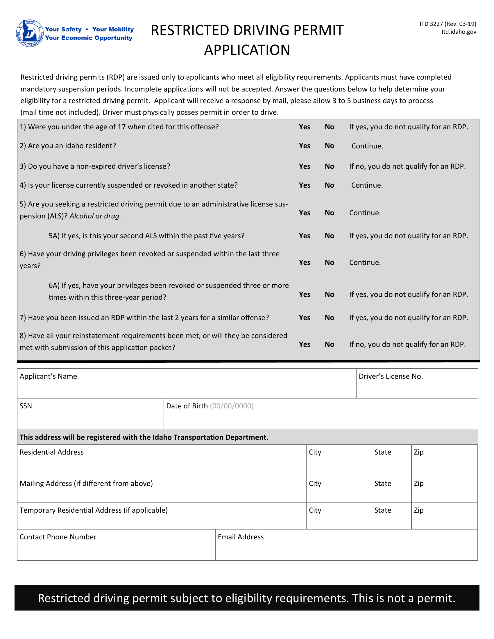 Form ITD 3227. Restricted Driving Permit Application Forms Docs 2023