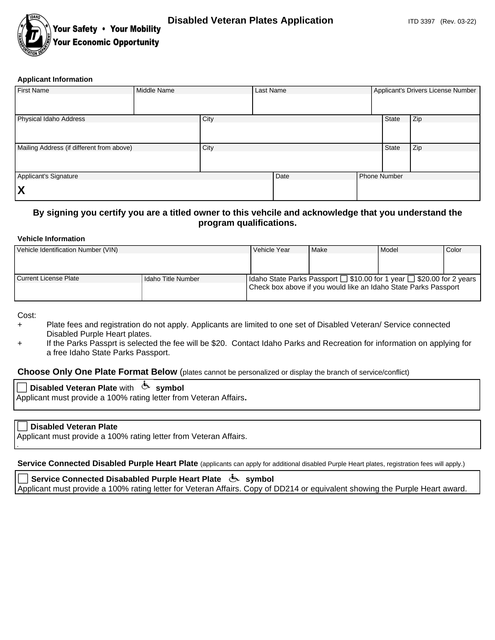 Form ITD 3397. Military Disability Plates Forms Docs 2023