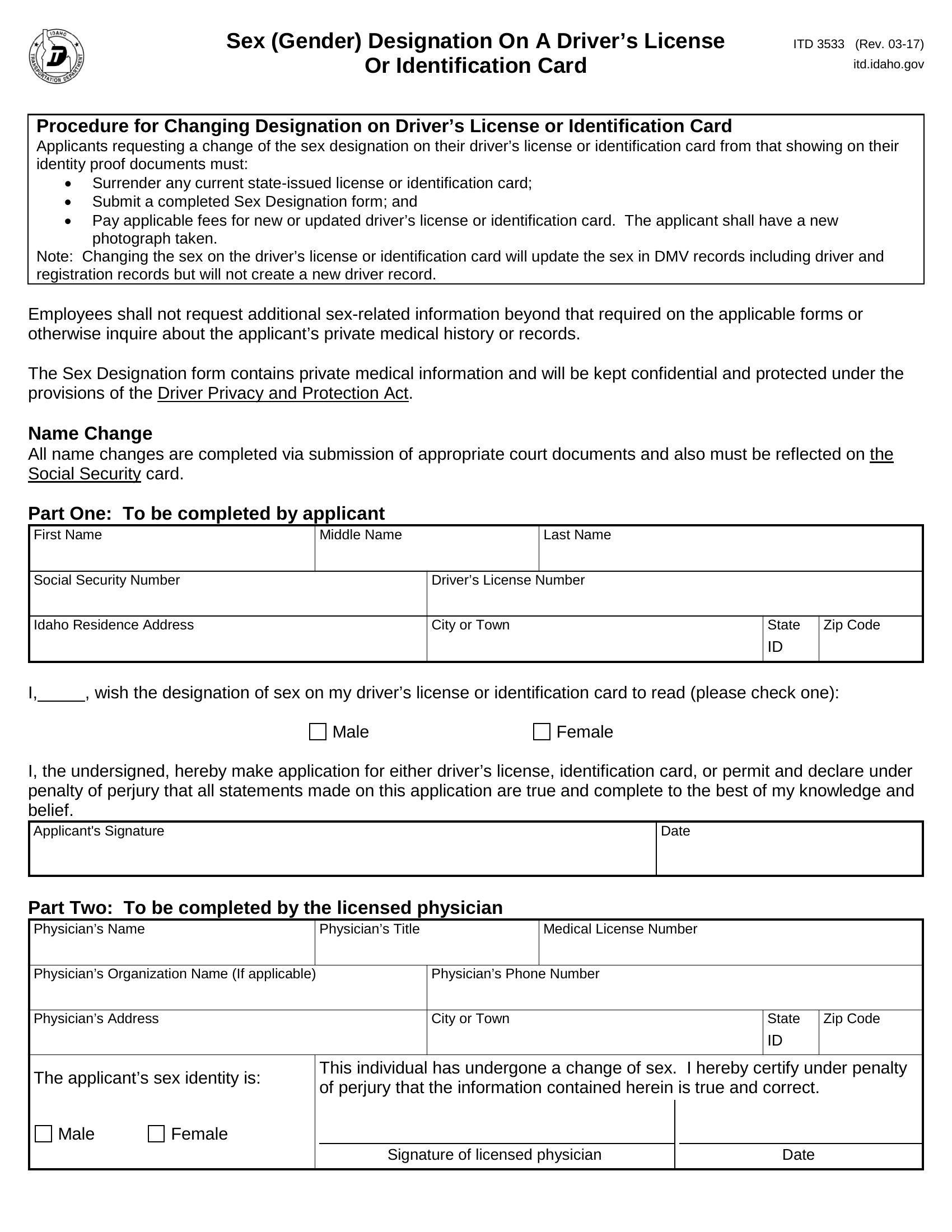 Form ITD 3533. Gender Designation on a Driver's License or