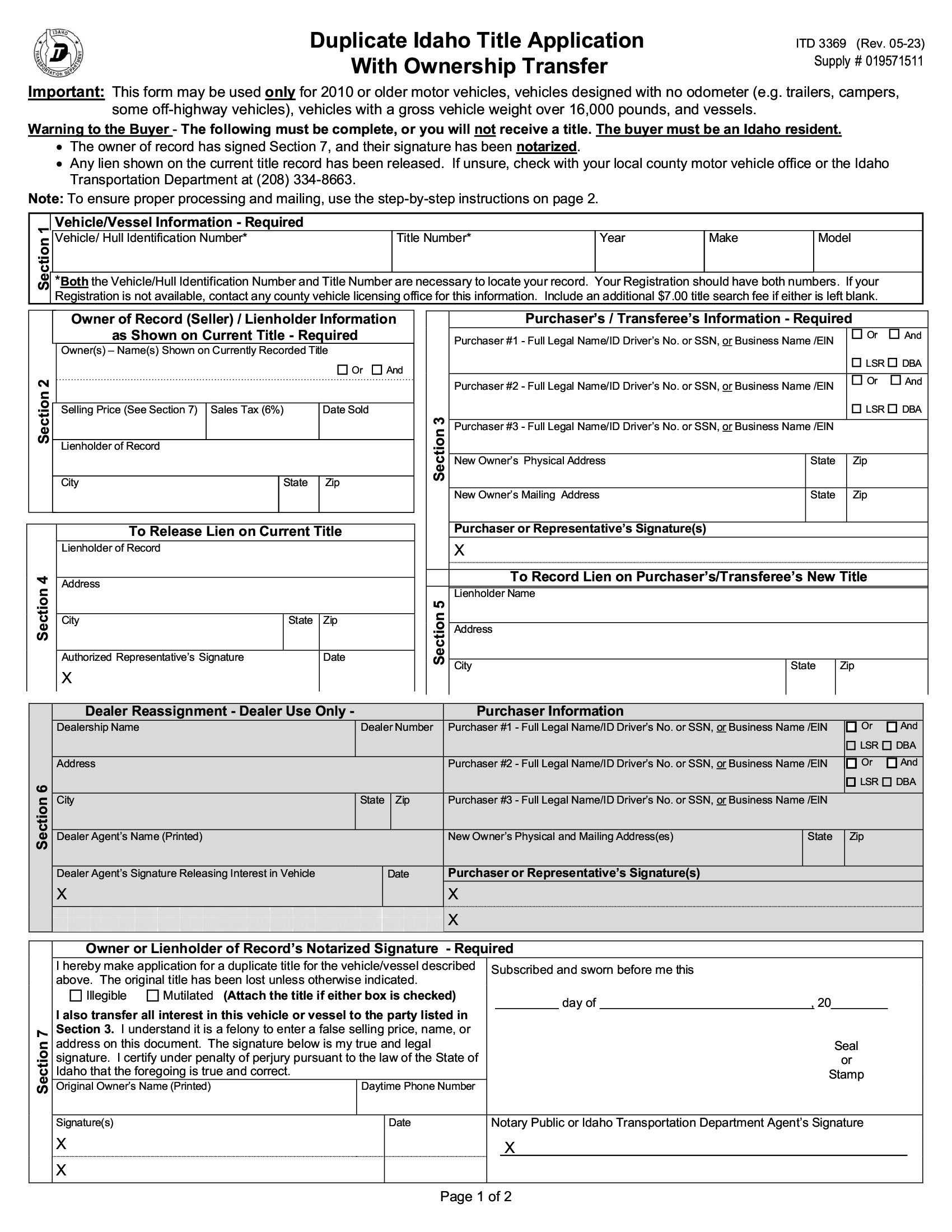 Form ITD 3369. Duplicate Idaho Title Application with Transfer of