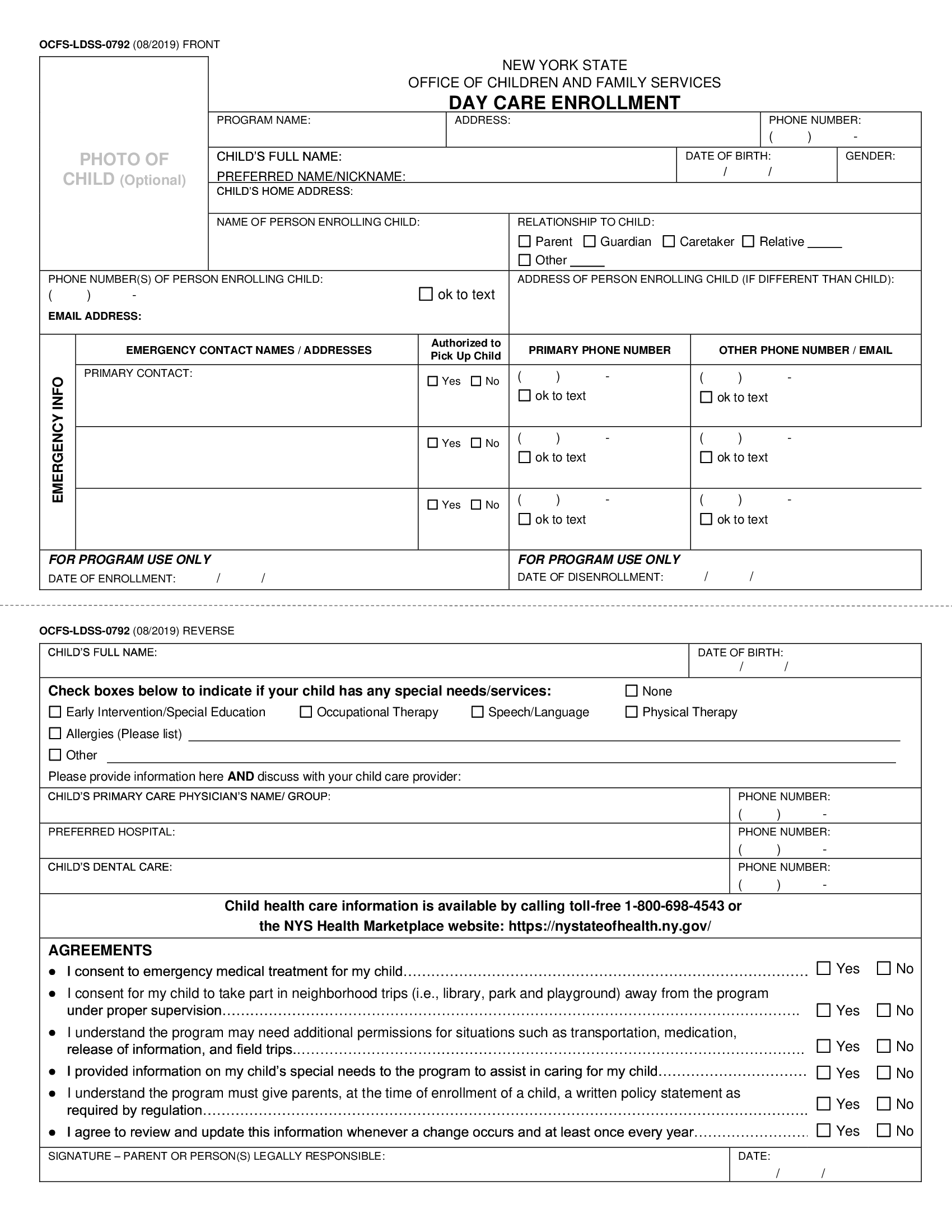 OCFSLDSS0792. Day Care Registration (Enrollment) form Forms Docs