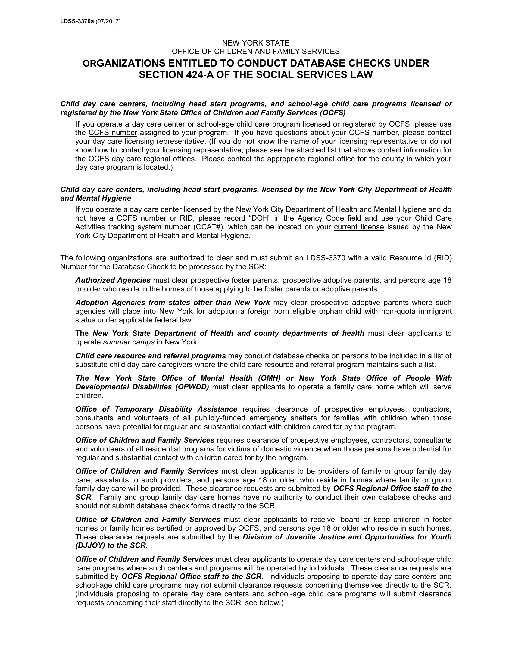 LDSS3370a. Organizations Entitled to Conduct Database Checks Under Section 424A of the Social