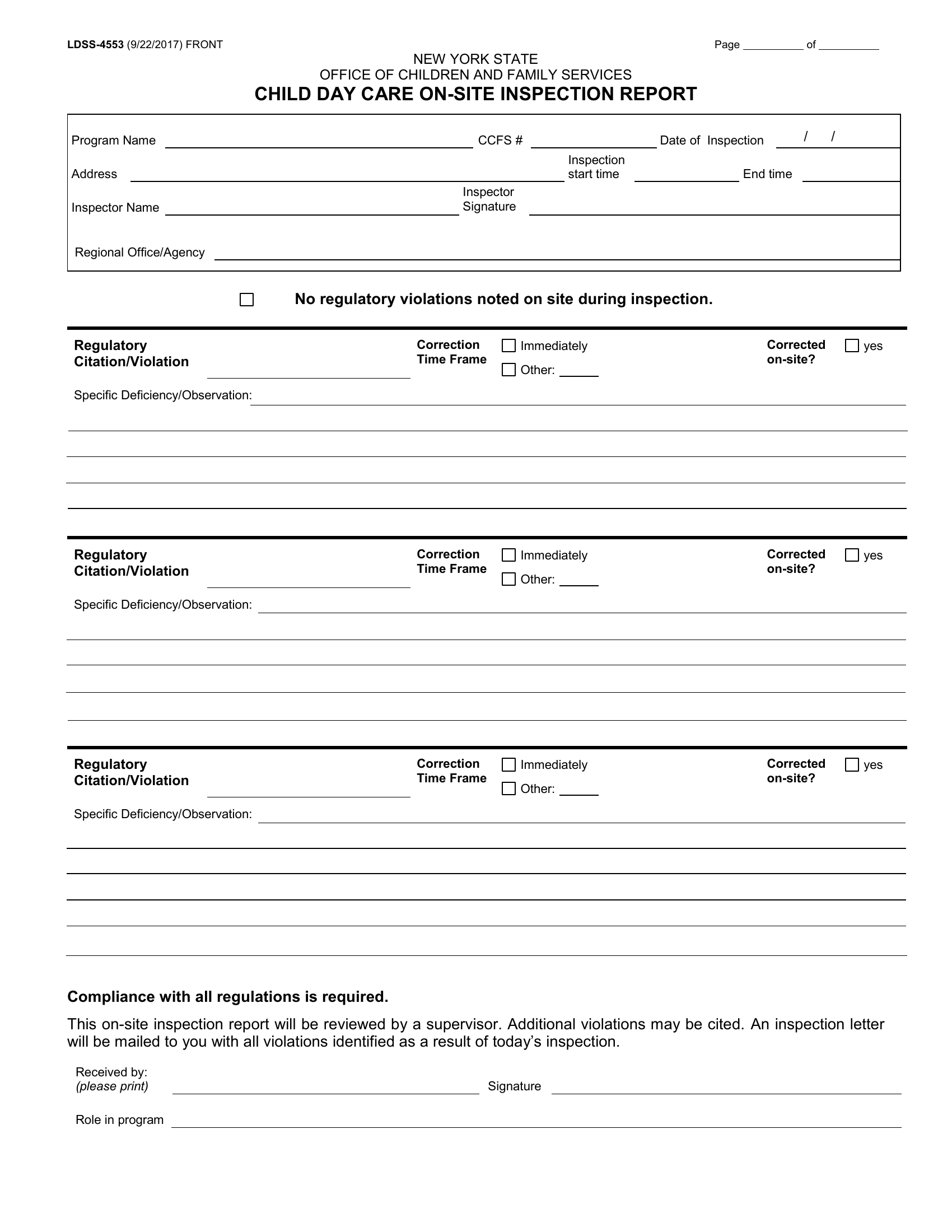 LDSS4553. Child Care On Site Inspection Report Forms Docs 2023