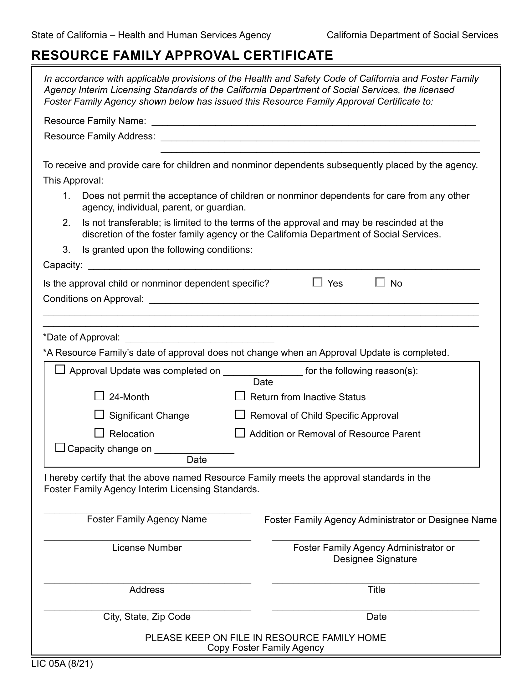 Form LIC 05A. Resource Family Approval Certificate California Forms Docs 2023