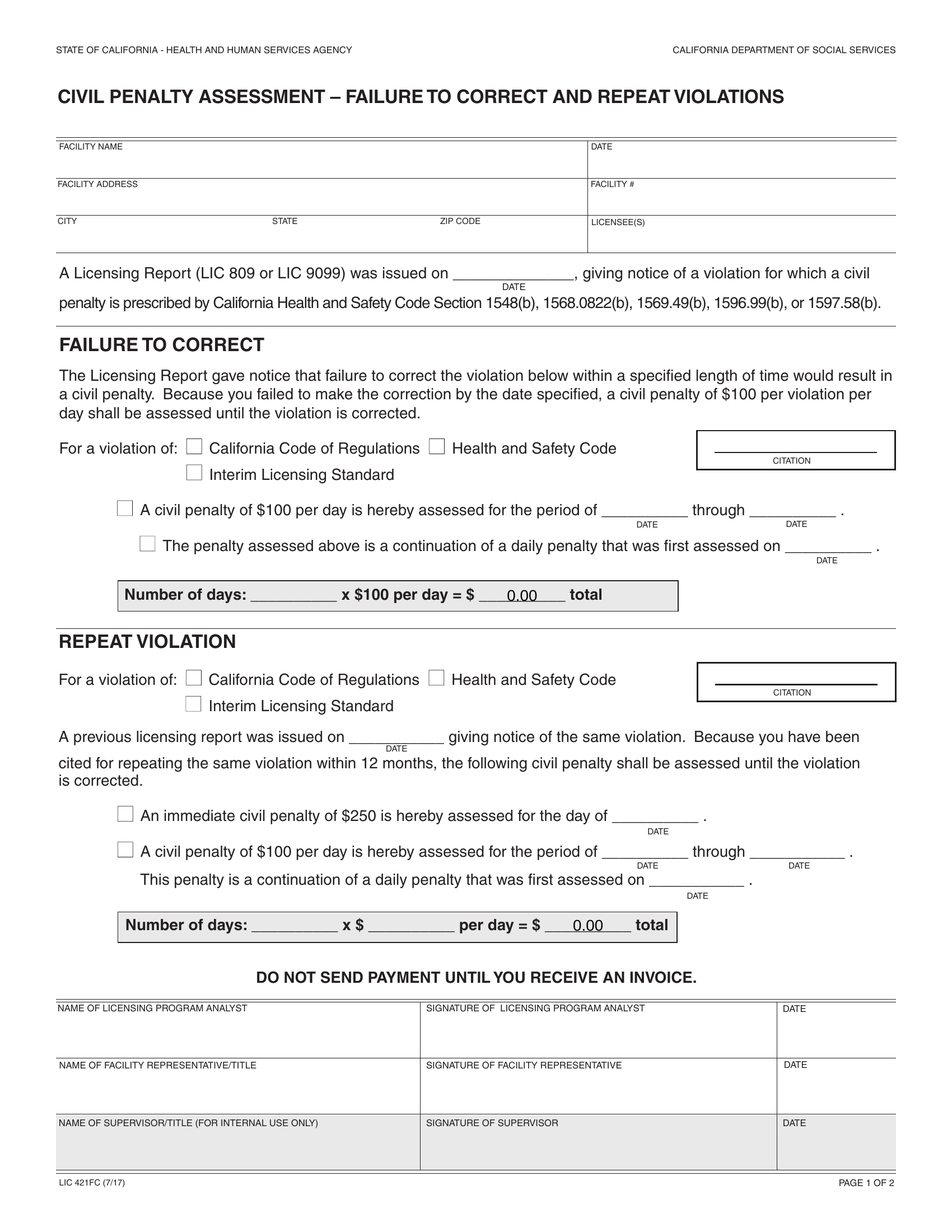 Form LIC 421FC. Civil Penalty Assessment Failure To Correct And Repeat Violations California