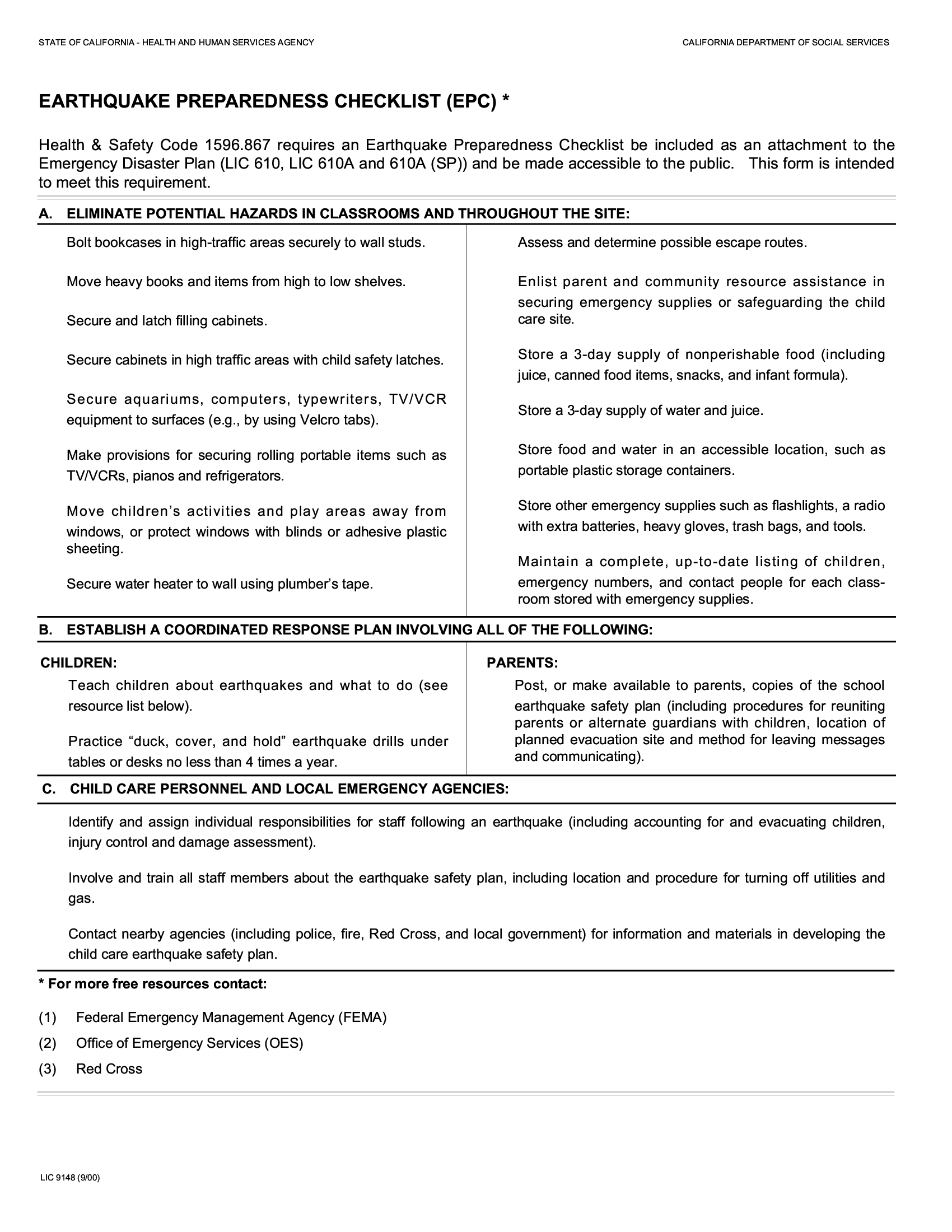 Form LIC 9148. Earthquake Preparedness Checklist (EPC) Forms Docs