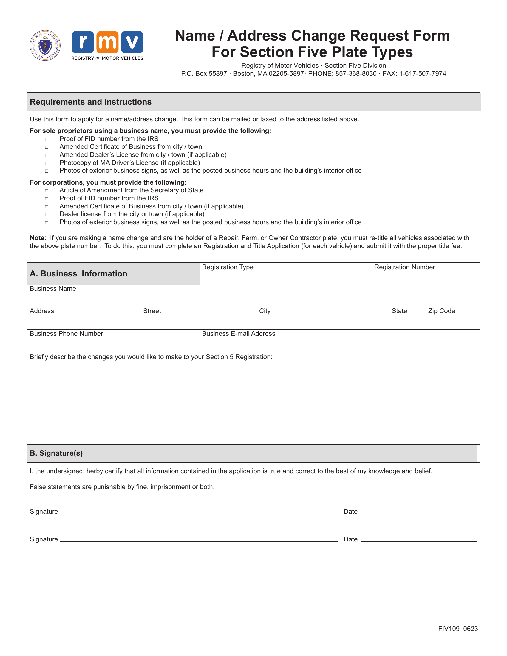 Mass RMV - Name/Address Change Request Form – Document Template