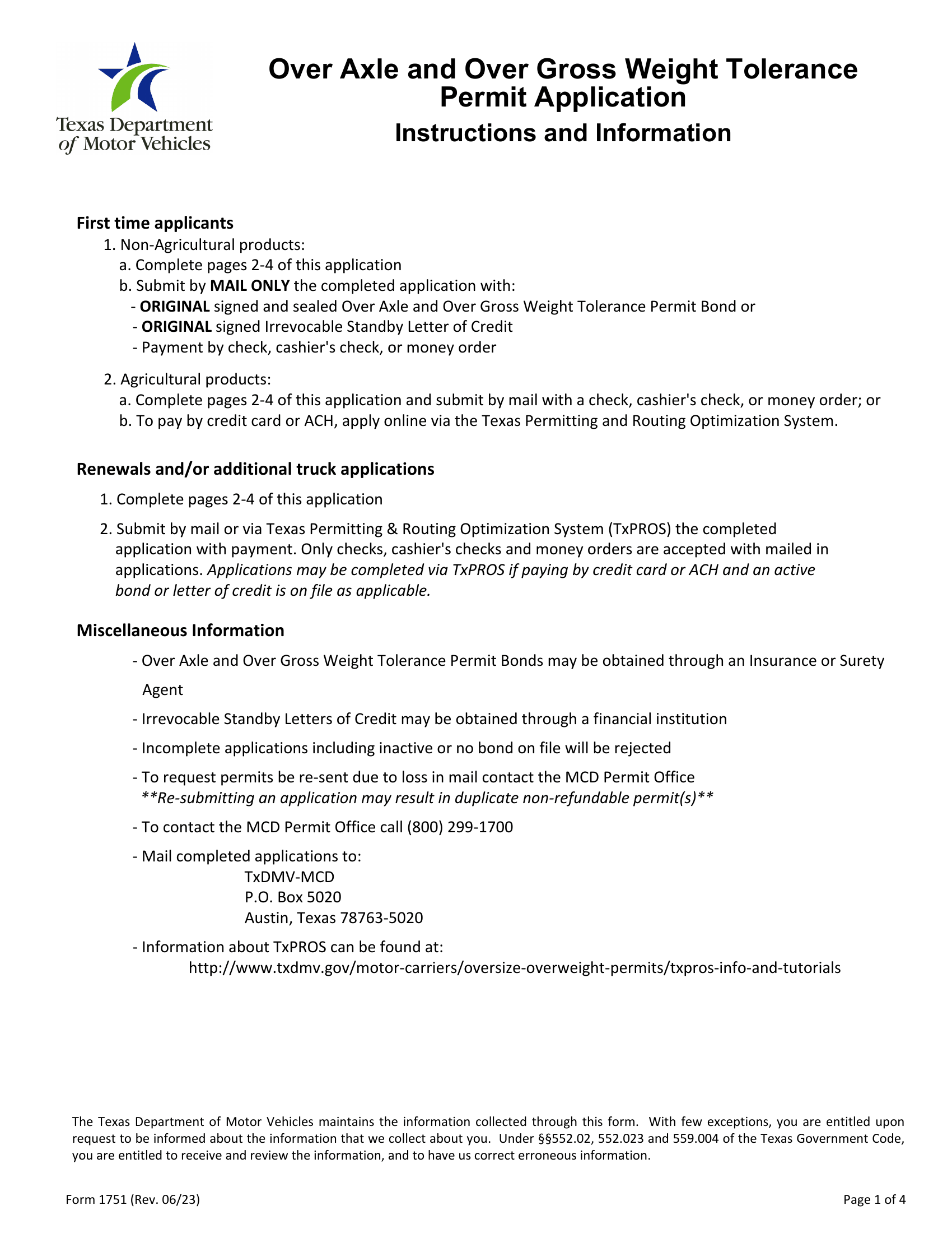 Form MCD1751. Over Axle and Over Gross Weight Tolerance Permit