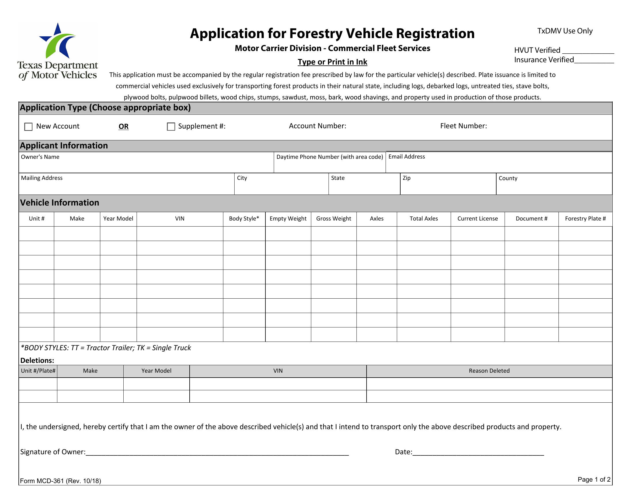 Form MCD361. Application for Forestry Vehicle Registration Texas