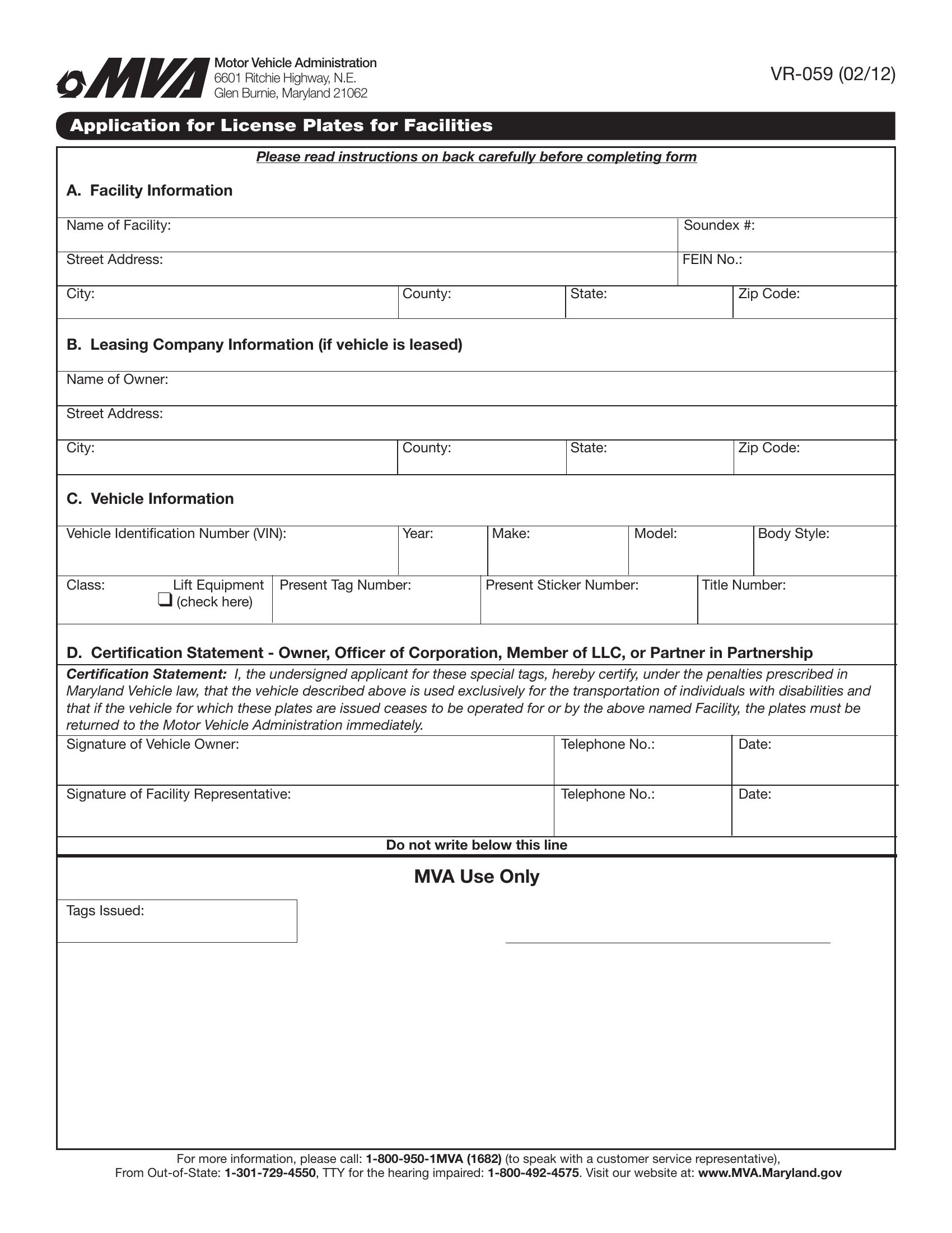 MD MVA Form VR059 Application for License Plates for Facilities