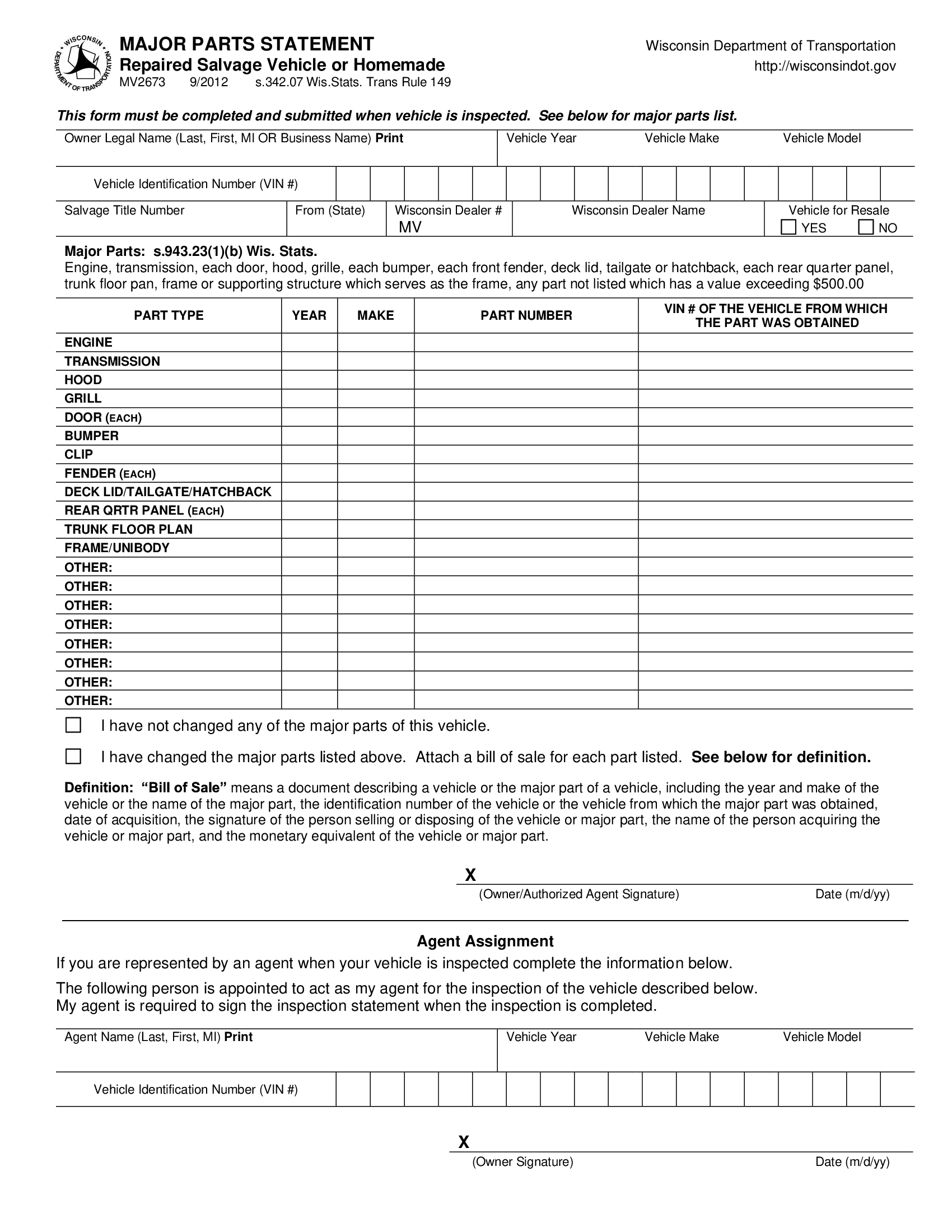 Form MV2673. Major Parts Statement (Rebuilt Salvage Vehicle Inspection