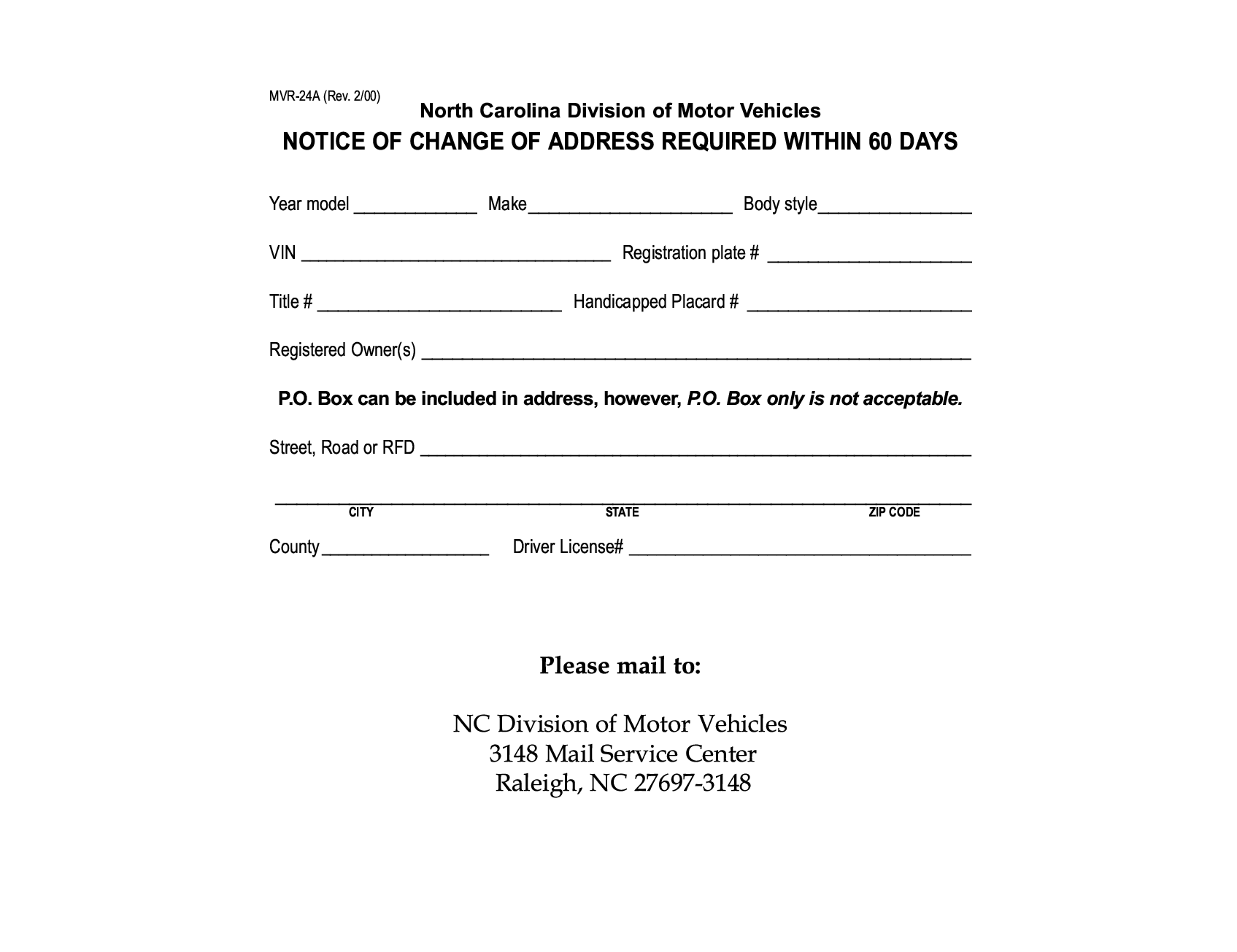 NCDMV Form MVR-24A. Notice of Change of Address – Document Template