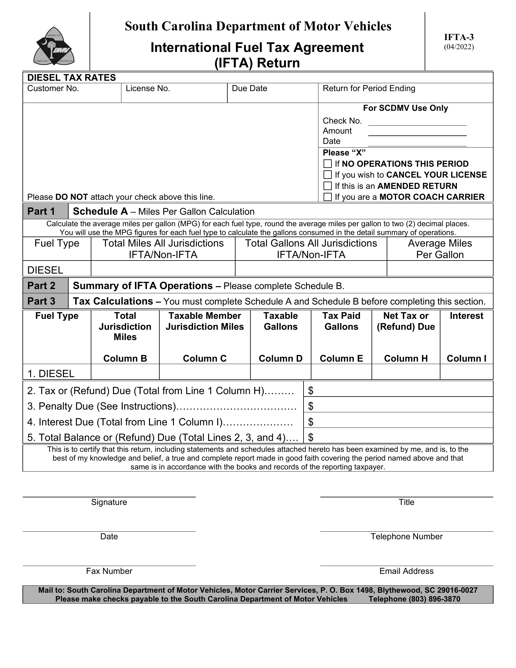 SCDMV Form IFTA3. IFTA Return Forms Docs 2023