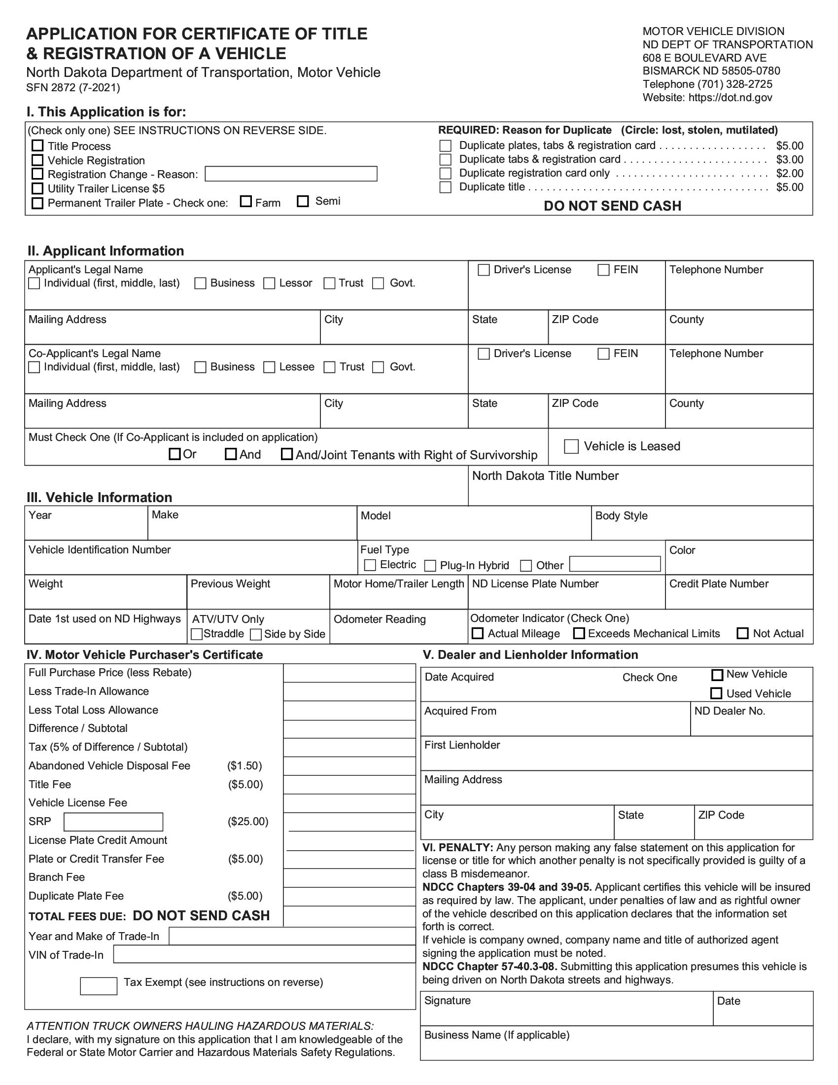 Form SFN 2872. Application for Certificate of Title & Registration of a Vehicle North Dakota