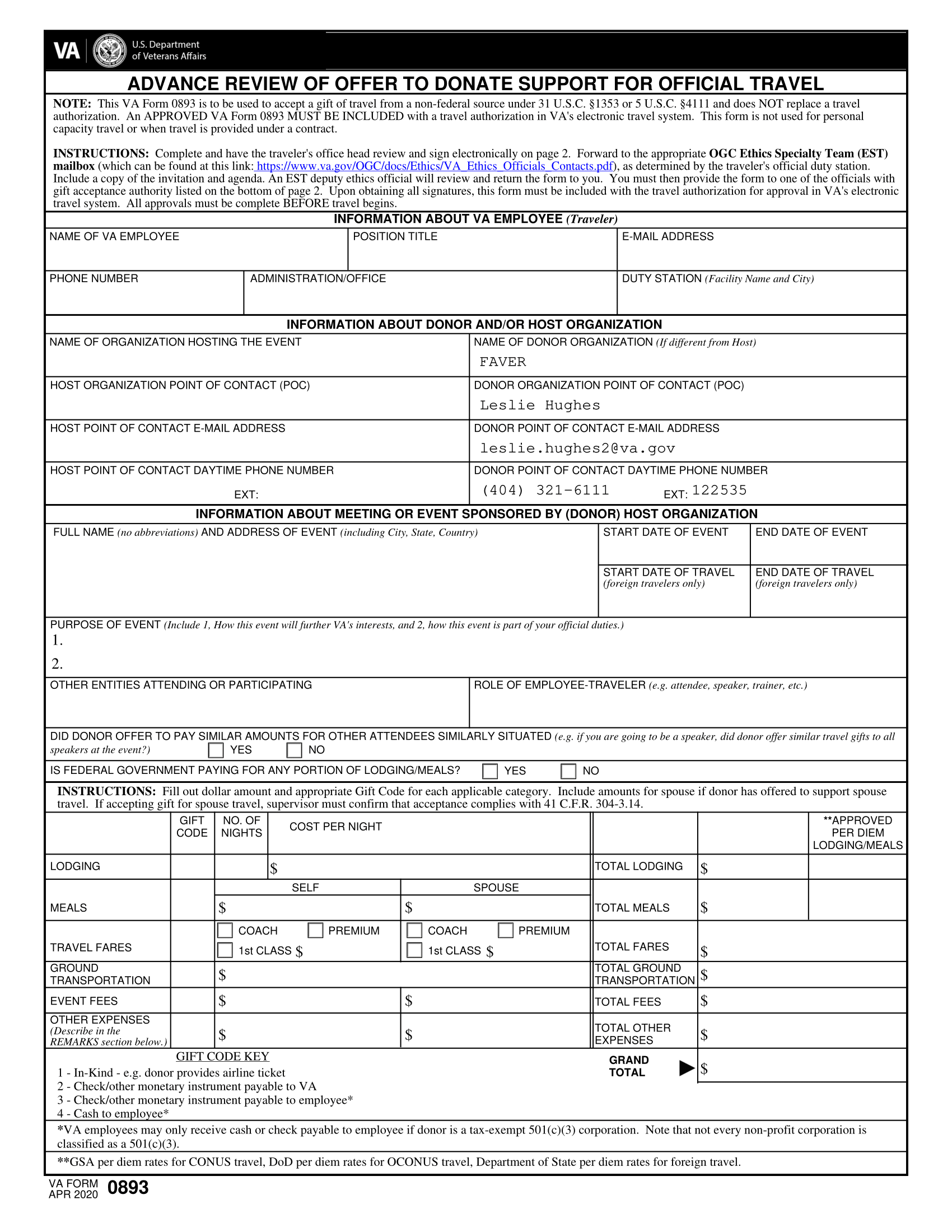 VA Form 0893. Advance Review of Offer to Donate Support for Official Travel Forms Docs 2023