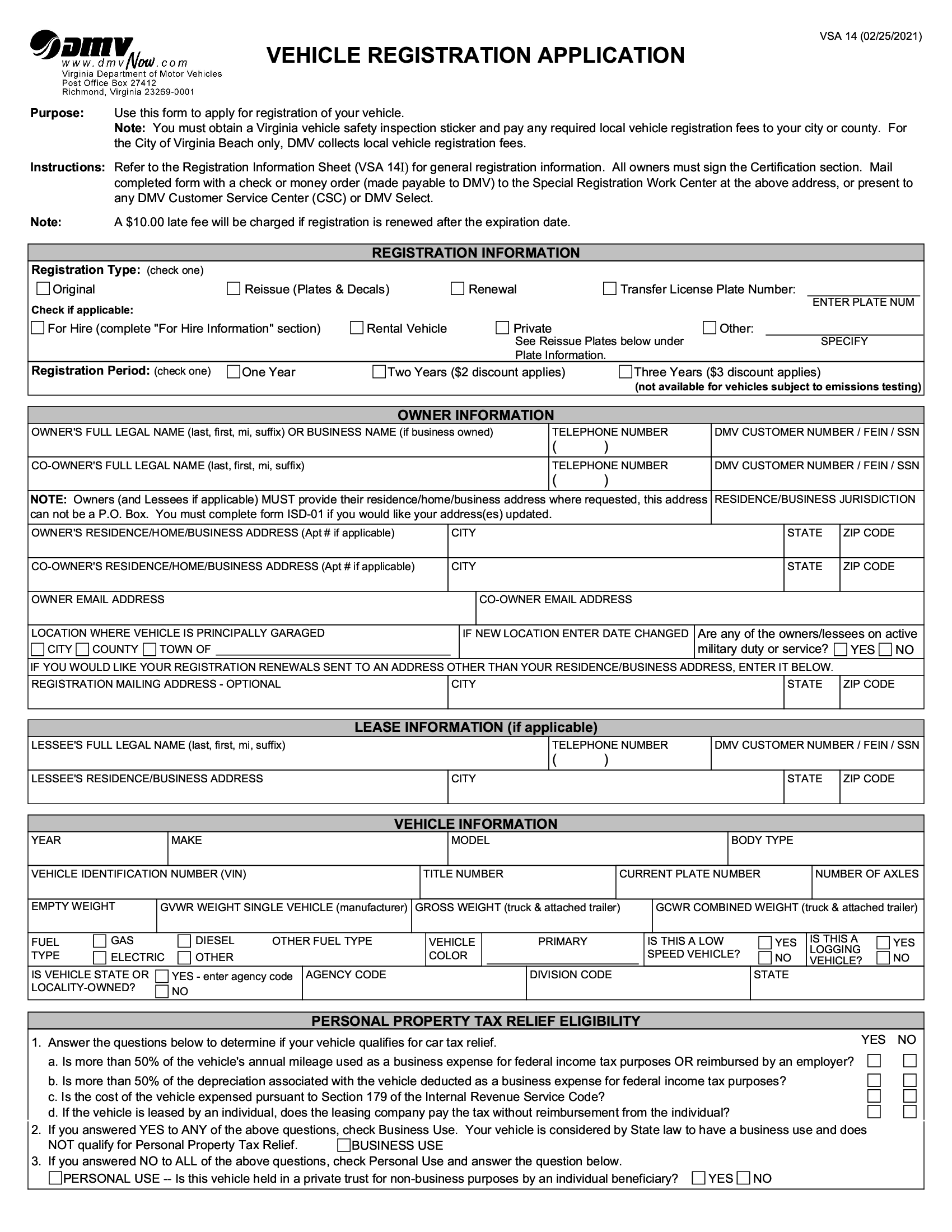 Form VSA 14. Vehicle Registration Application Forms Docs 2023