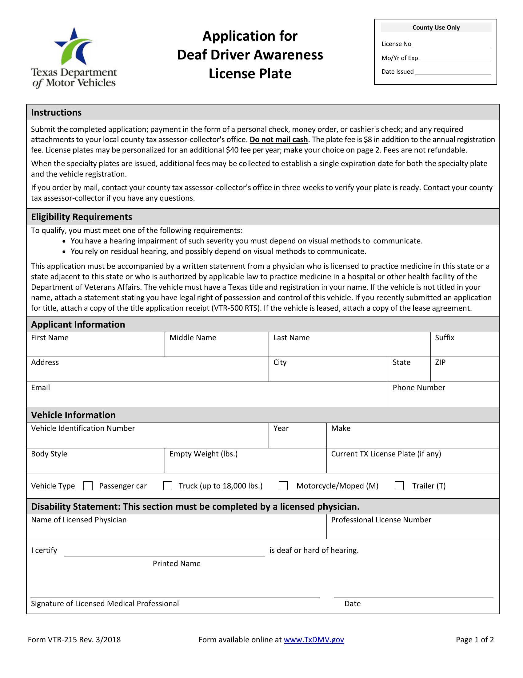 Form VTR215. Application for Deaf Driver Awareness Specialty License