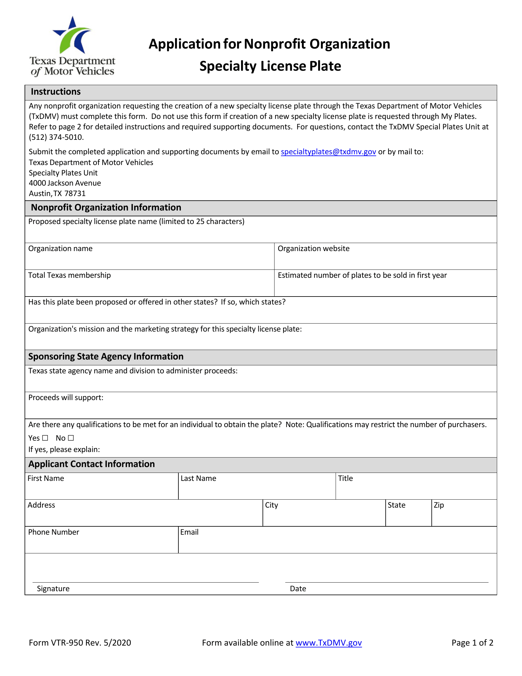 Form VTR950. Application for Nonprofit Organization Specialty License