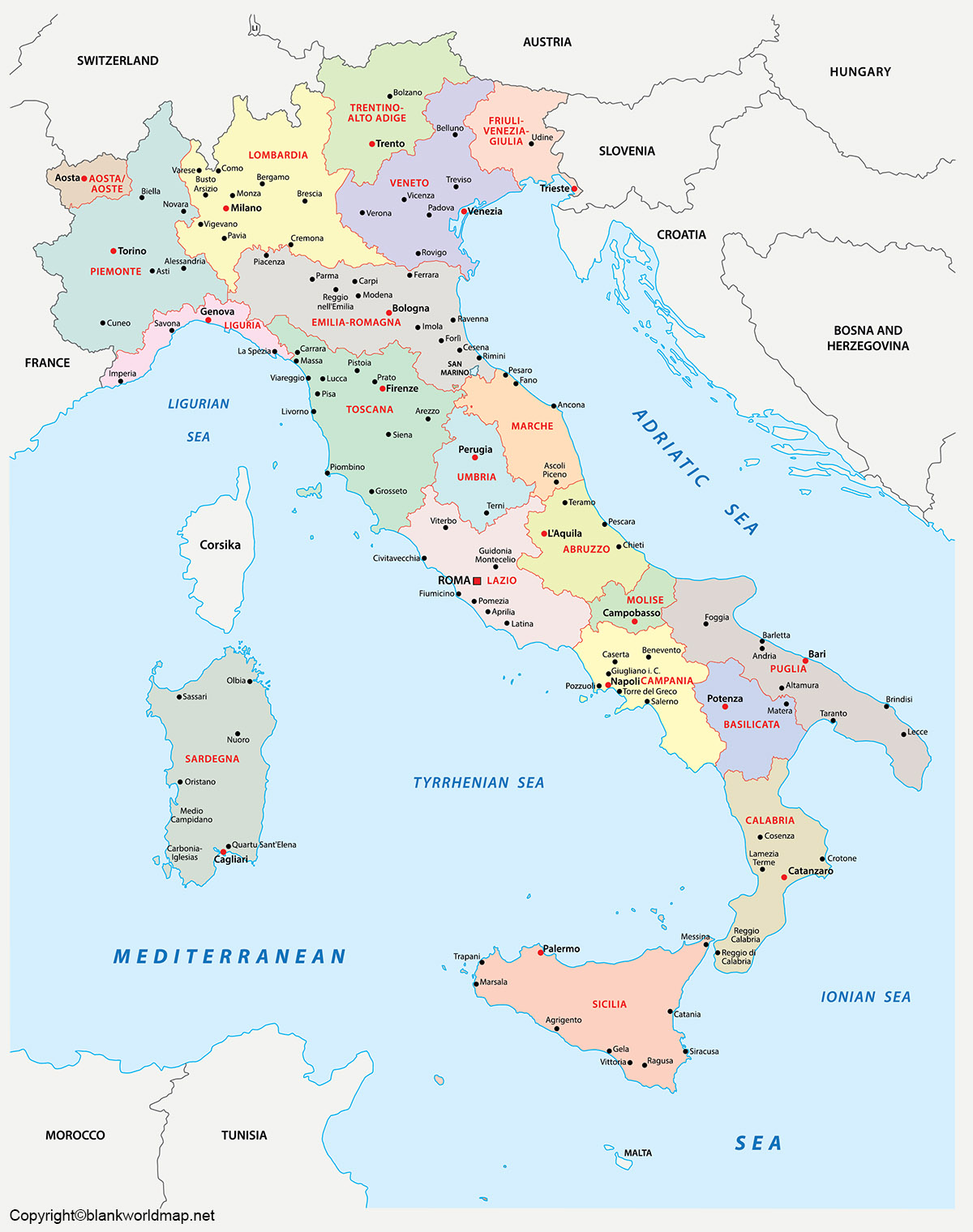 Labeled Map of Italy with States, Cities & Capital