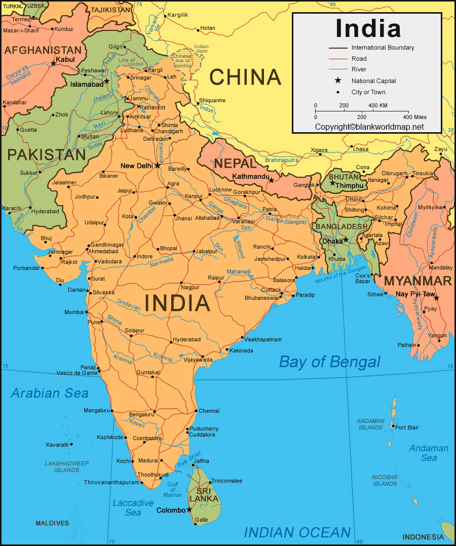 Labeled Map of India - Blank World Map