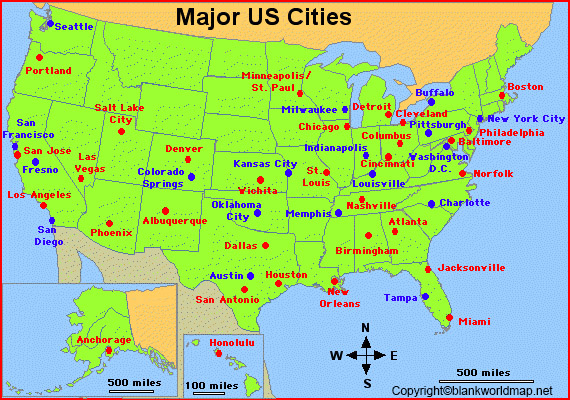 US Map with Cities - Blank World Map