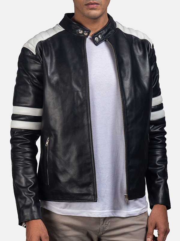 Men’s Black & White Monza Leather Biker Jacket Blazon Leather