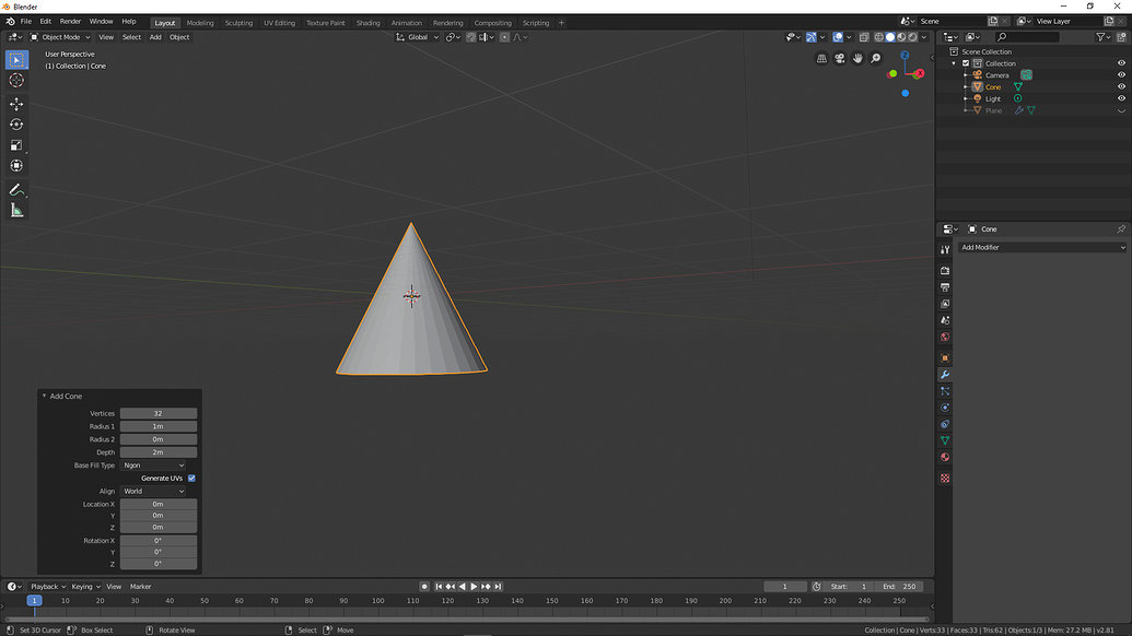 How to change radius of a cone mesh in Blender 2.8 Blender Tests