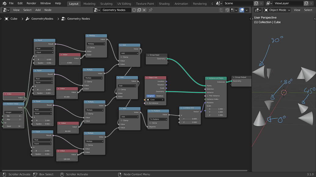 Geometry nodes how to randomly rotate objects only using defined