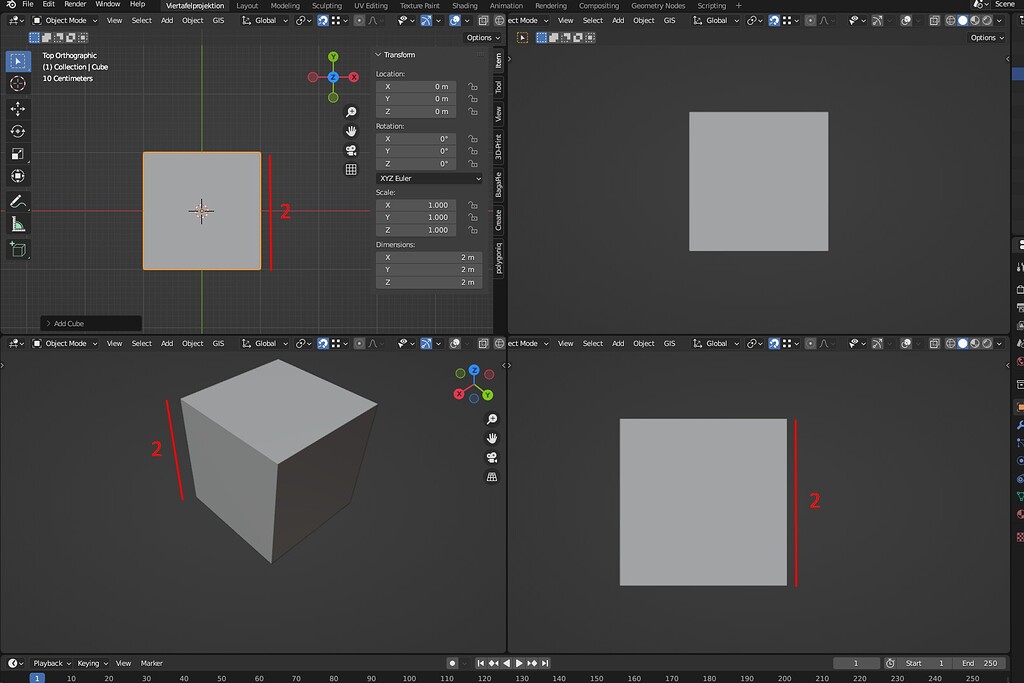 Four views on one picture with differen meassures on it Blender Tests
