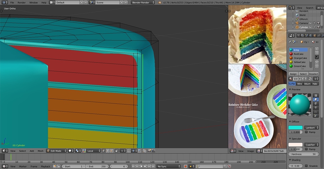 New Blender User. On my first project. A rainbow birthday Cake