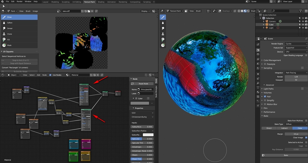 Bake diffuse and mix principled shader Materials and Textures