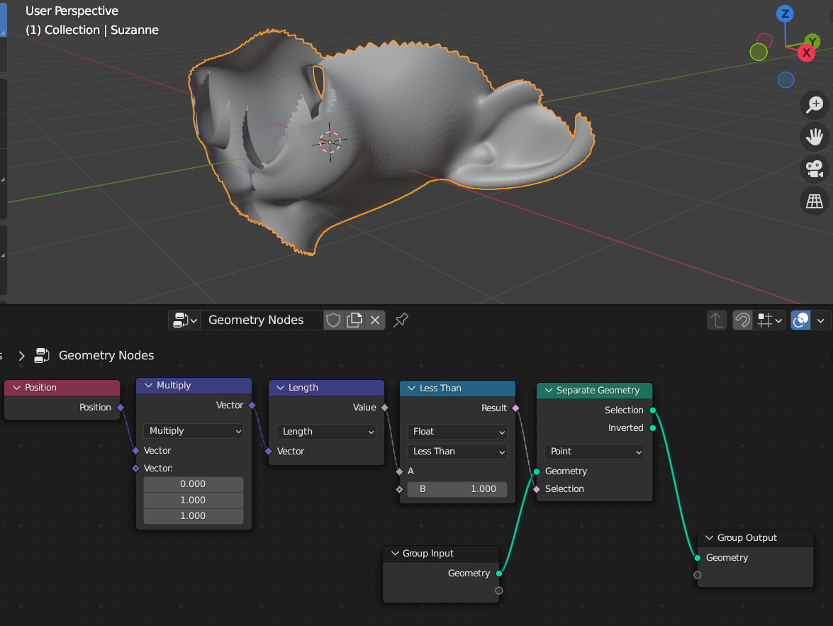 How can I delete all geometry that is more than 1 meter away from the X