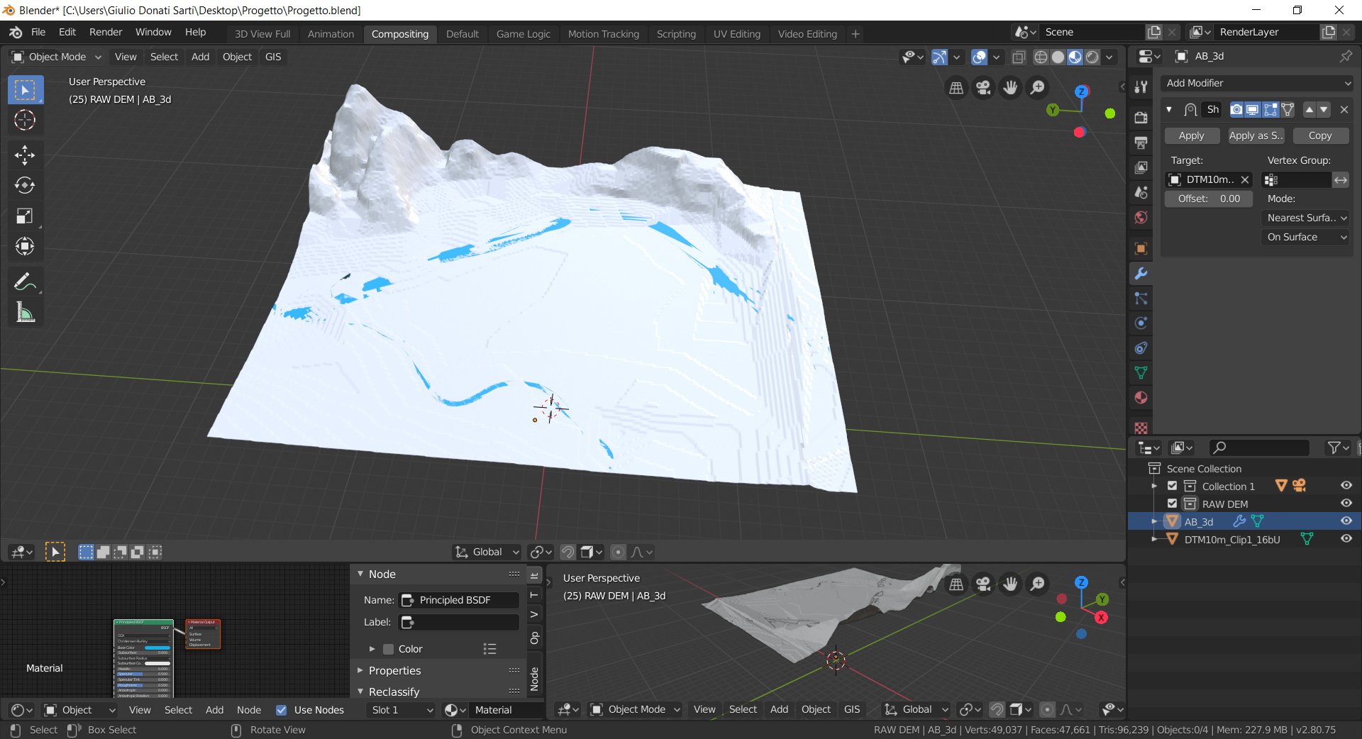 How to wrap perfectly a polygon mesh on terrain mesh? Compositing and