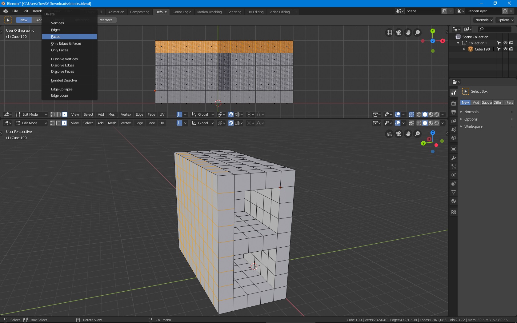 Block Structure Removing interior faces only Modeling Blender