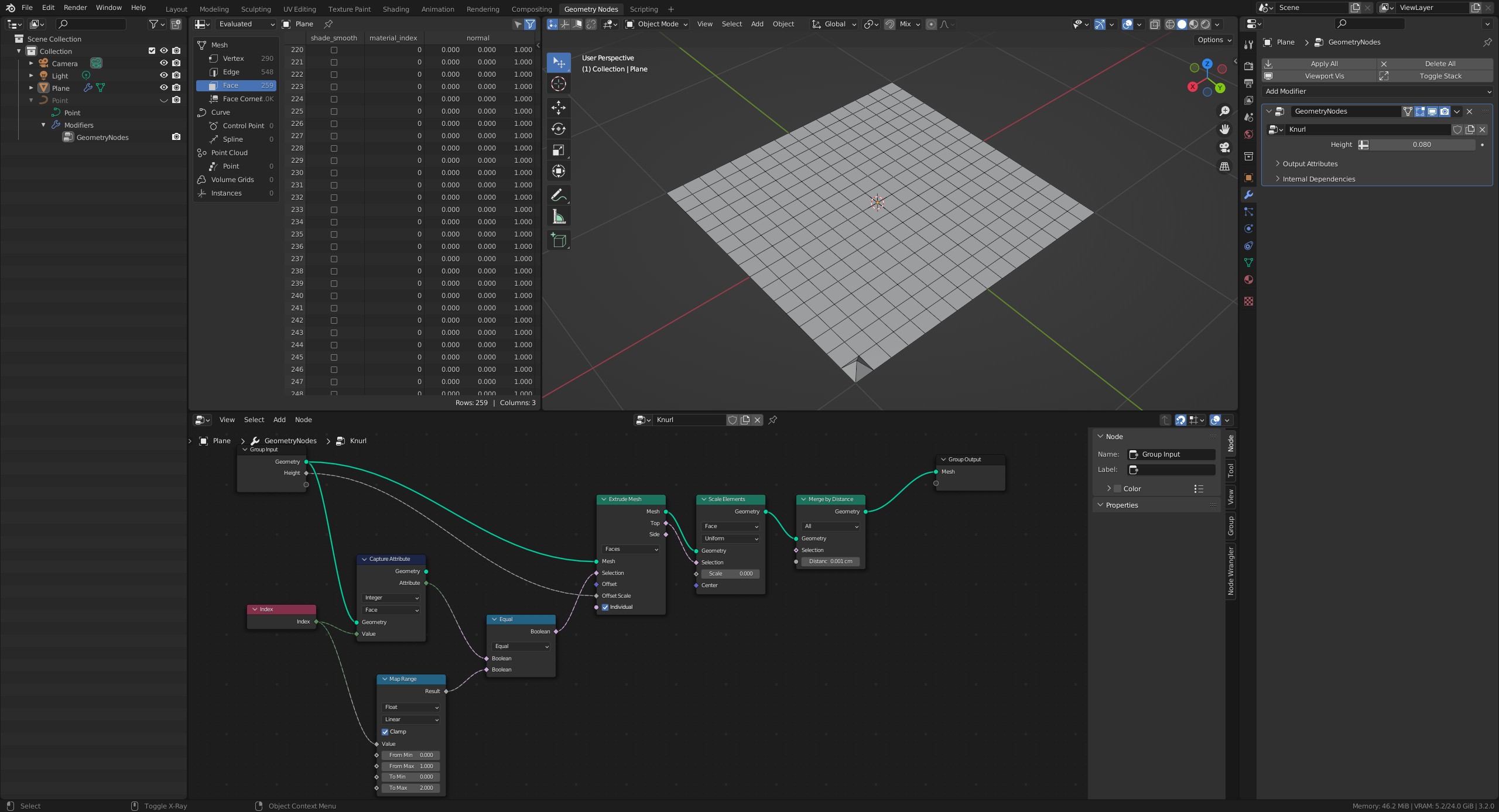 Geometry Nodes Precise face index range selection and other questions