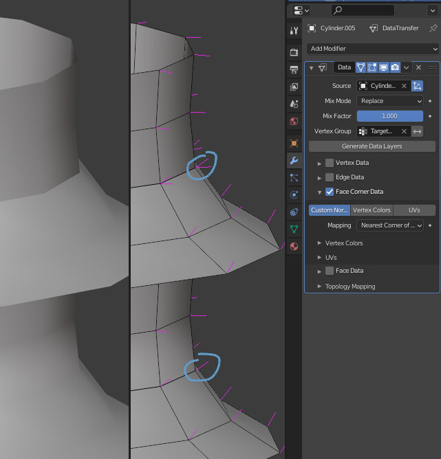 Making normals of two separate but connected objects parallel for