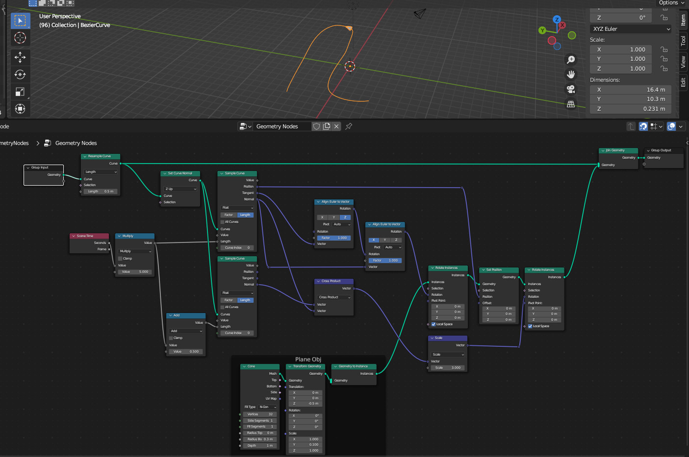 Rotation along curve in blender geo node (geometry node) 3 by