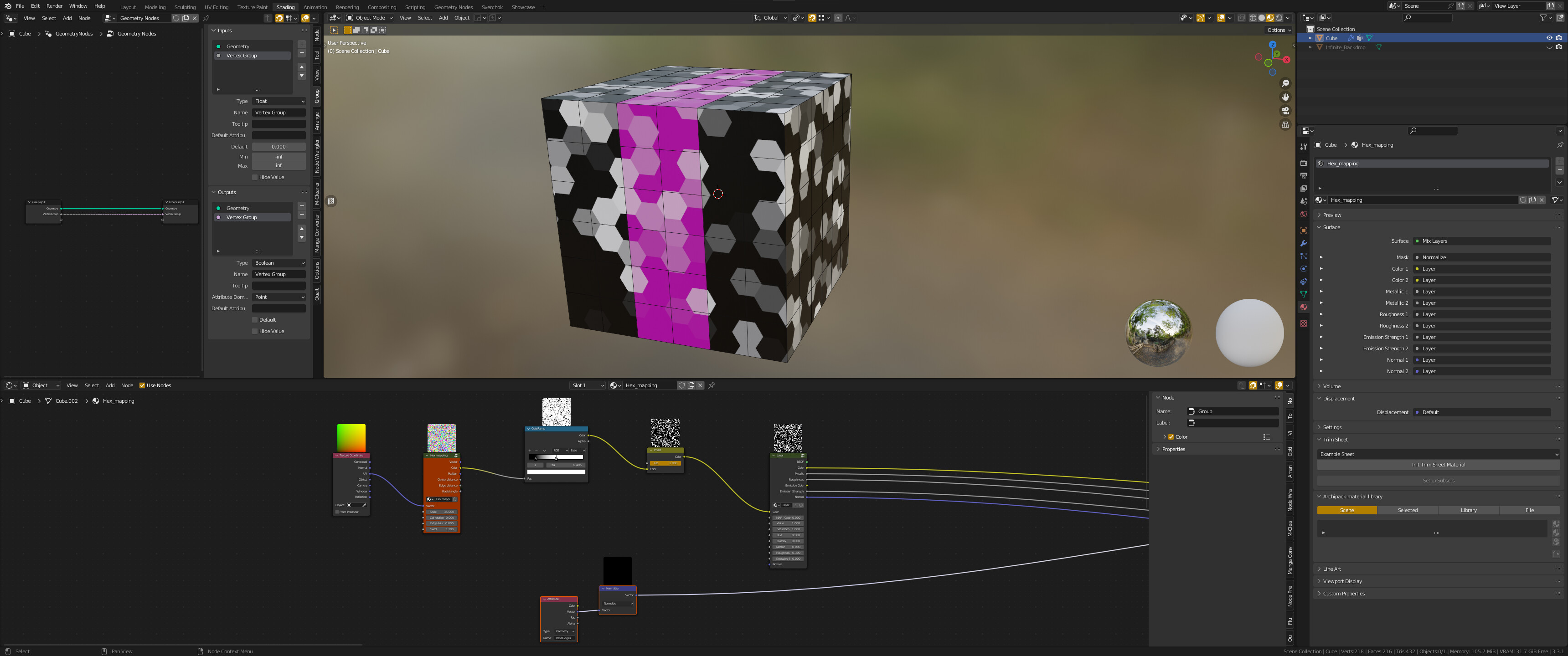 Hexagon mapping with Vertex Group as Mask Materials and Textures