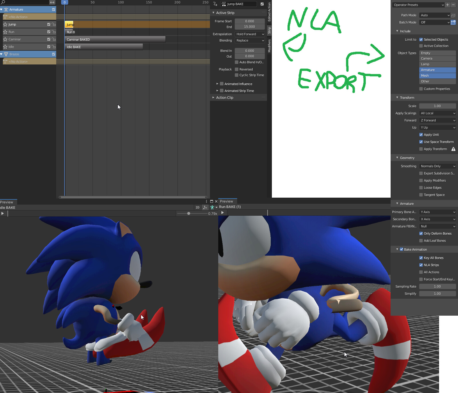 How do I import multiple animations from Blender to Unity via fbx